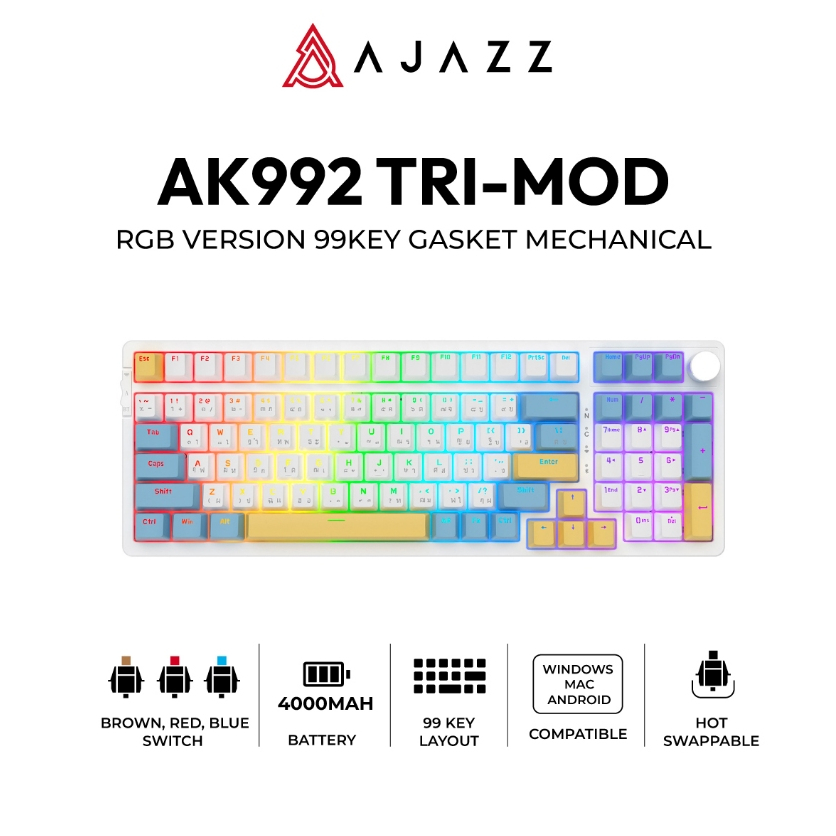 คีย์บอร์ดเกมมิ่ง Ajazz AK992 Tri-Mod RGB Version 99Key Gasket Mechanical Keyboard รับประกันสินค้า 1 