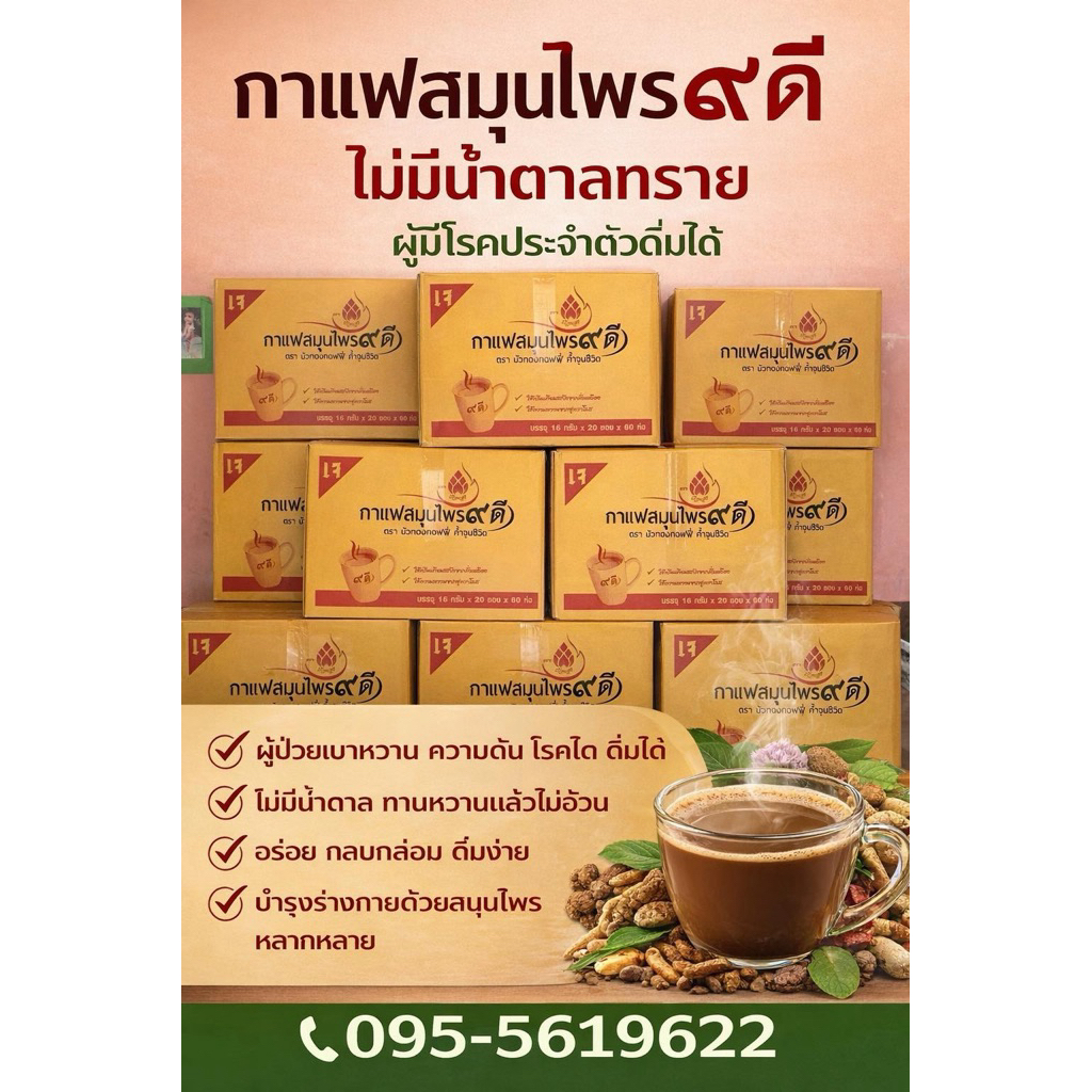 กาแฟเก้าดีบัวทองคอฟฟี่ ของแท้ 100% สูตรไม่มีน้ำตาลยกแพ็ค12ห่อราคาส่ง เหมาะสำหรับควบคุมระดับน้ำตาล ความดันเบาหวาน ดื่มได้