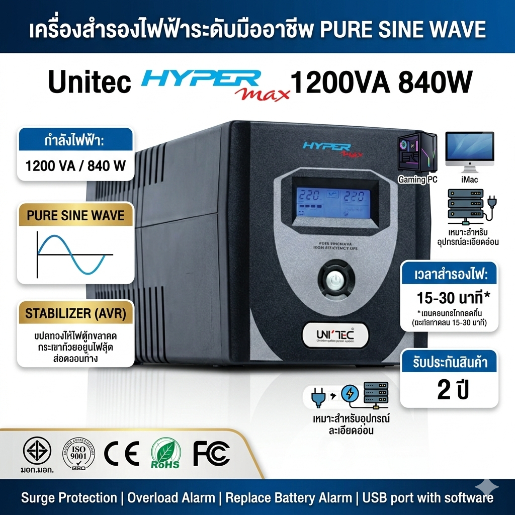 UNITEC hyper max 1200VA/840สำหรับคอมประกอบ/PSU80+/RIG/ Pure Sine Wave 100%/ประกัน 2ปี