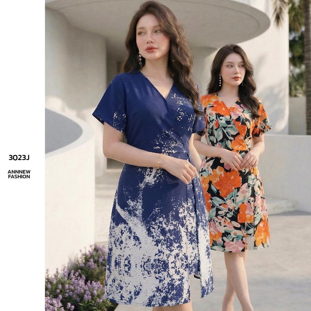 ANNNEW ชุดจั๊มผ้าไหมอิตาลีขาสั้นแต่งกระโปรงผ่าข้างลายดอกไม้แต้มสี 3023J