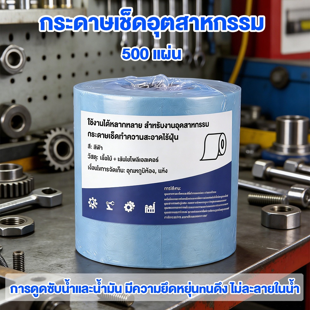 กระดาษเช็ดอุตสาหกรรม ความยืดหยุ่นที่ดี [1ม้วน/500แผ่น]การดูดซับน้ำและน้ำมัน ไม่ทิ้งคราบข