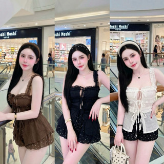 Set 2 ชิ้น แต่งระบายผูกโบว์ + กางเกงบอลลูน (S44)