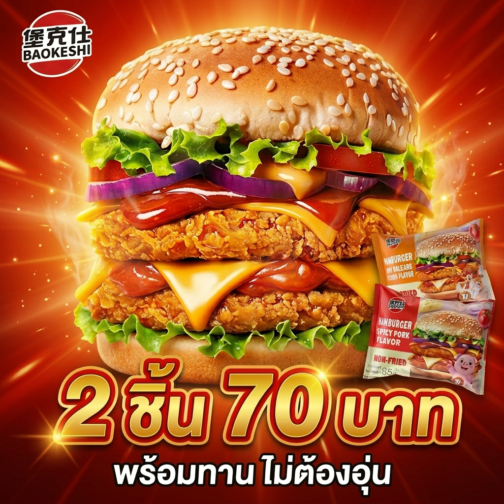 BAOKESHI แฮมเบอร์เกอร์พร้อมทาน 2 ชิ้น 70 บาท ไม่ต้องอุ่น เปิดซองกินได้เลย อาหารเช้า อิ่มง่าย