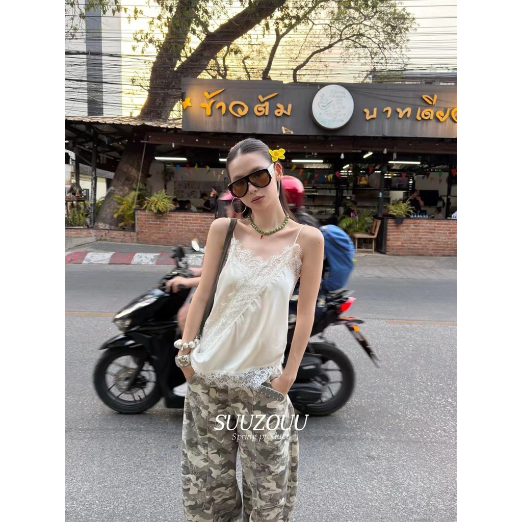 🖤เสื้อสายเดี่ยว ผ้าซาติน งานแต่งลูกไม้Tag:MMfish.SUUZOUU🤍