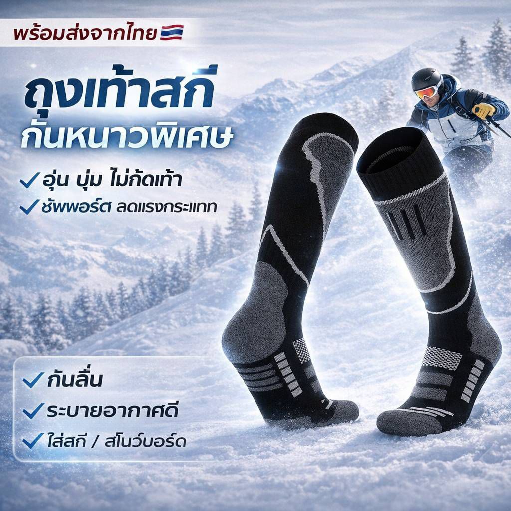 (พร้อมส่ง) ถุงเท้าสโนว์บอร์ด สกี ถุงเท้าขนแกะเมอริโน อบอุ่นไม่อับชื้น ระบายอากาศได้ดี