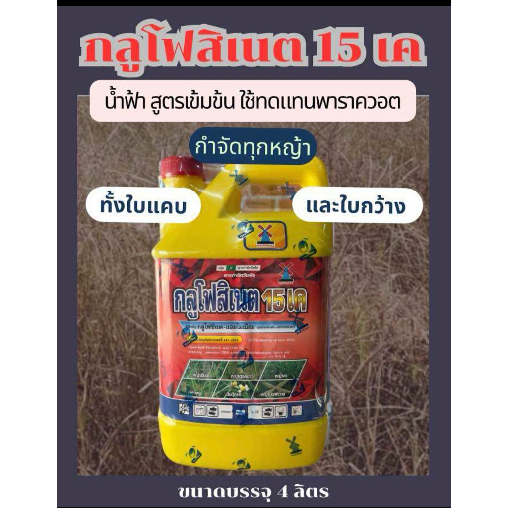กลูโฟสิเนต แอมโมเนียม 15 เค 4 ลิตร ตรากังหันลม ใช้กำจัดวัชพืชได้ทุกชนิดทั้งใบแคบและใบกว้างไม่เลือกทำลายออกฤทธิ์เผาไหม้