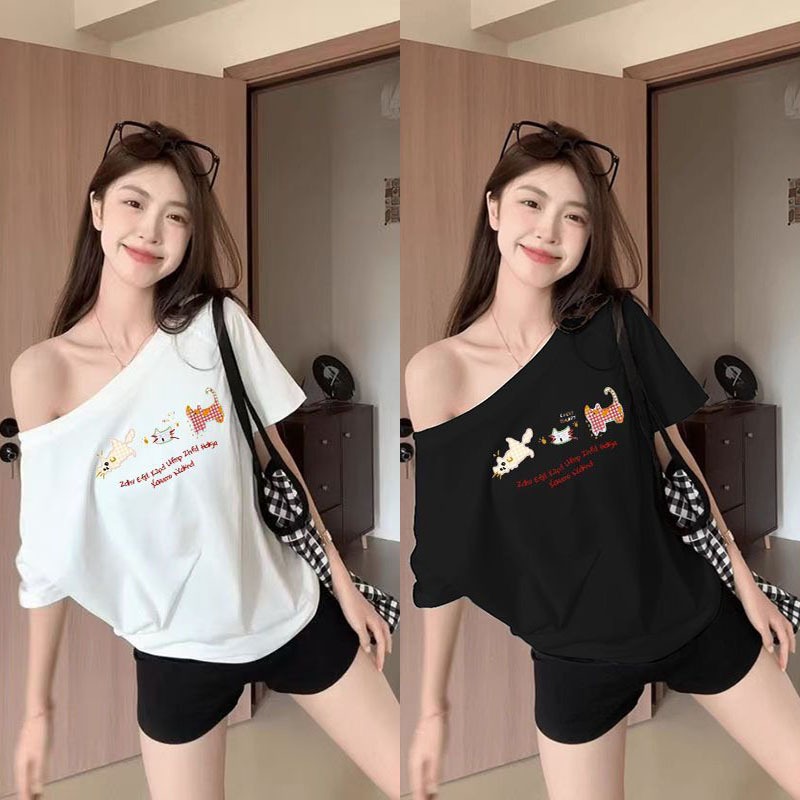 KKS พร้อมส่ง เสื้อปาดไหล่ ลายการ์ตูนน่ารัก oversize เนื้อผ้านิ่ม สาวอวบใส่ได้ ผ้าคอตอน ใส่สบาย