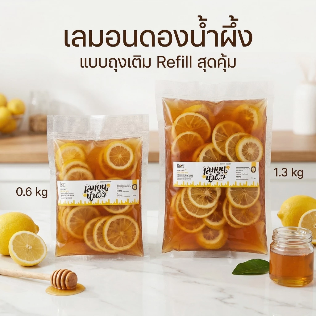 เลมอนดองน้ำผึ้ง Refill สุดคุ้ม แบบถุงเติม Lemon Honey สูตรไม่มีน้ำตาล