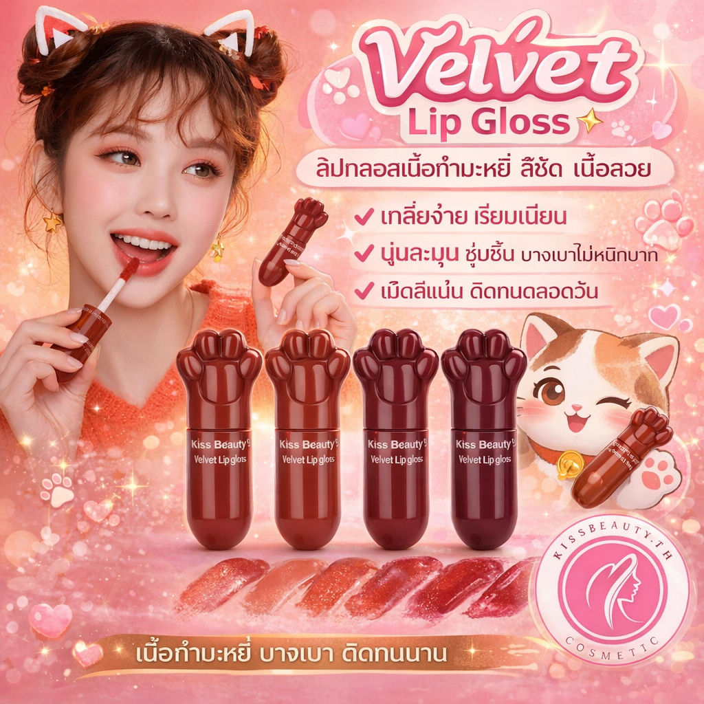 Kiss Beauty ลิปกลอสเม็ดสีชัด Velvet Lip gloss เนื้อเกลี่ยง่ายติดทน บางเบาไม่หนักปาก