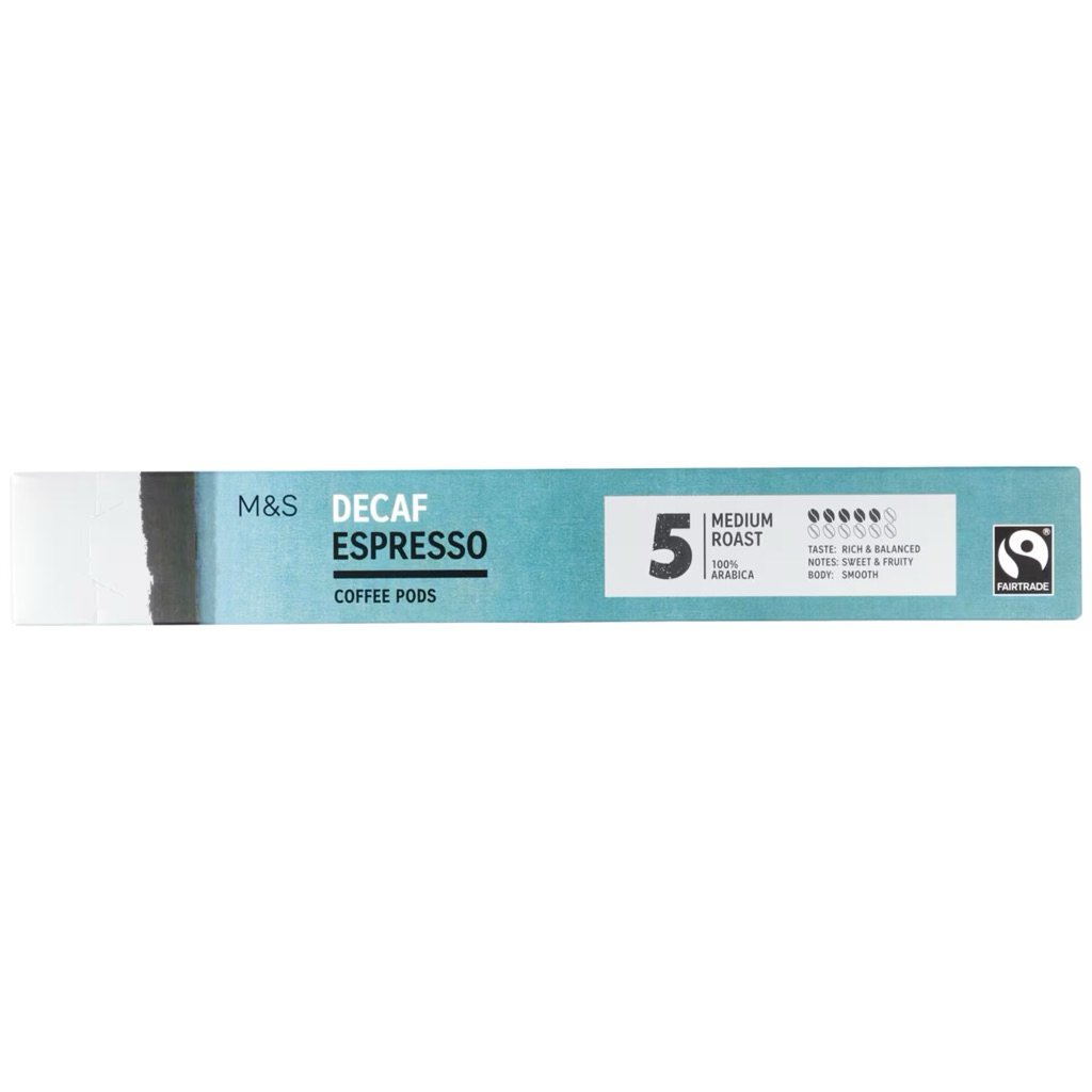แคปซูลกาแฟ M&S mark&spencers 10 DECAF ESPRESSO COFFEE PODS (medium roast/intense5)