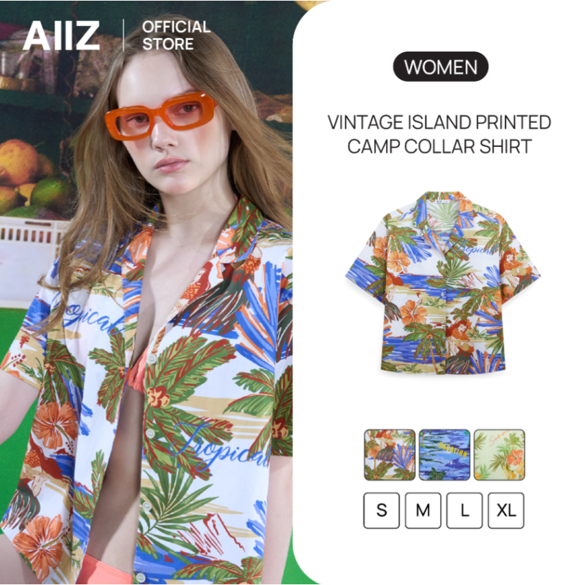 AIIZ เสื้อเชิ้ตฮาวายผู้หญิงแขนสั้นพิมพ์ลายวินเทจ