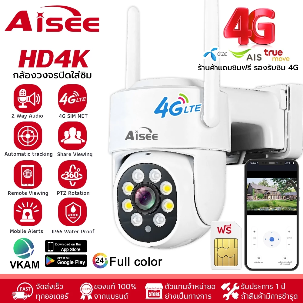 กล้องวงจรปิด ใส่ซิม 4G HD 4K กล้องใส่ซิม กลางคืนภาพเป็นสี กล้องวงจรปิด wifi ไม่มีเน็ตก็ใช้ได้