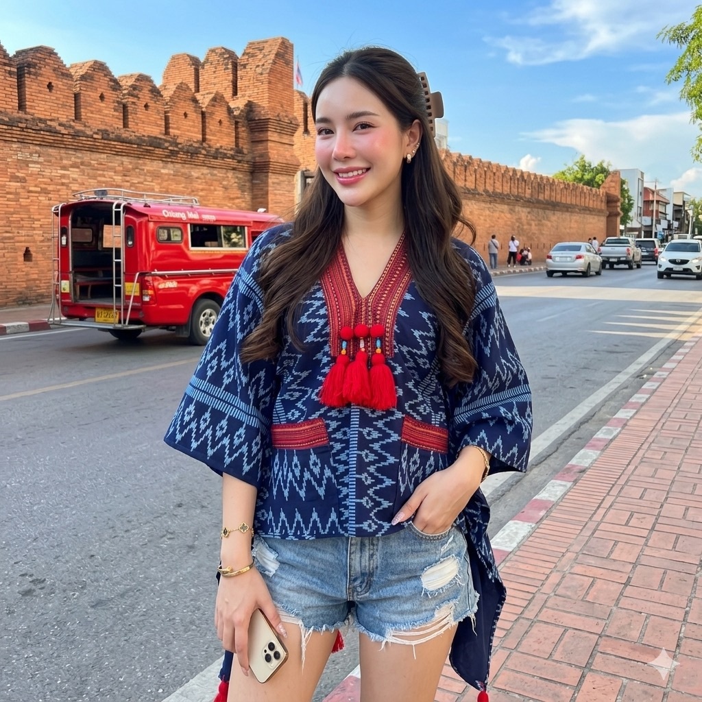 LANNA - เสื้อหน้าสั้นหลังยาวทรงค้างคาว ผ้าฝ้ายพิมพ์ลาย เสื้อผู้หญิงทรงหลวม ใส่ได้ทั้งคนผอมคนอ้วนค่ะ