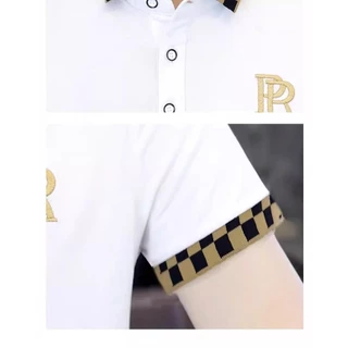 เสื้อโปโลผู้ชายสีขาวลายคอแขนสีดำทองคำตัวรีดติดสวยงามใส่สบายทุกวัน