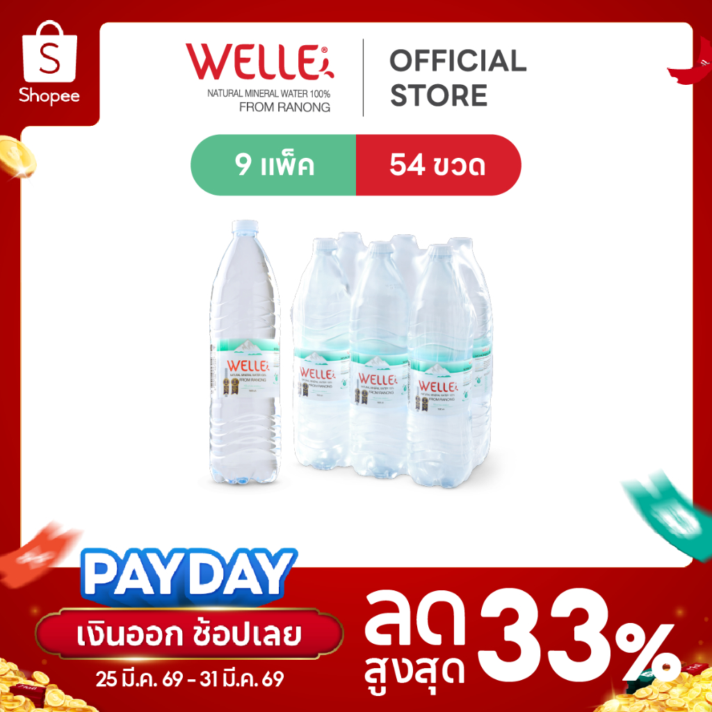 New (54 ขวด) Welle Mineral Water น้ำแร่เวลล์เล่ 1500 มิลลิลิตร 9 แพค จากแหล่งน้ำแร่ระนอง