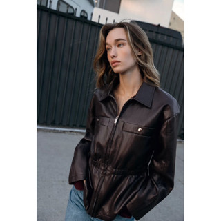 ZA..RA Faux Leather Jacket เสื้อคลุมหนังสีน้ำตาลเข้ม ผ้ายืด …