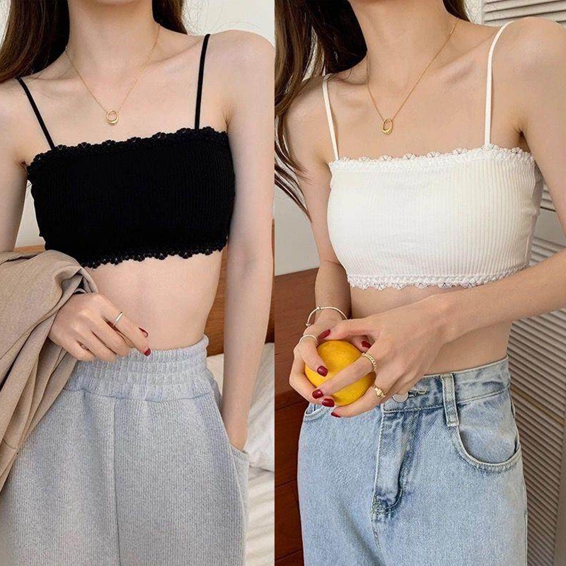 ชุดชั้นในหลังสวย ผู้หญิง ผ้าฝ้าย เสื้อเกาะอกลูกไม้สายเดี่ยวผู้หญิง ชุดชั้นใน ไม่มีวงแหวนเหล็ก มีแผ่นรองหน้าอกแบบถอดได้