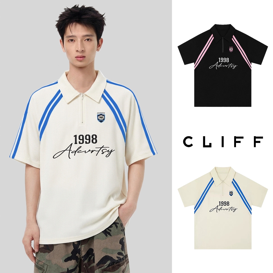 CLIFF เสื้อคู่รักผู้ชายผู้หญิง เสื้อโปโลแขนสั้น ลายวาฟเฟิล ซิปครึ่ง สไตล์อเมริกันอินเทรนด์ รุ่นใหม่ ใส่สบาย