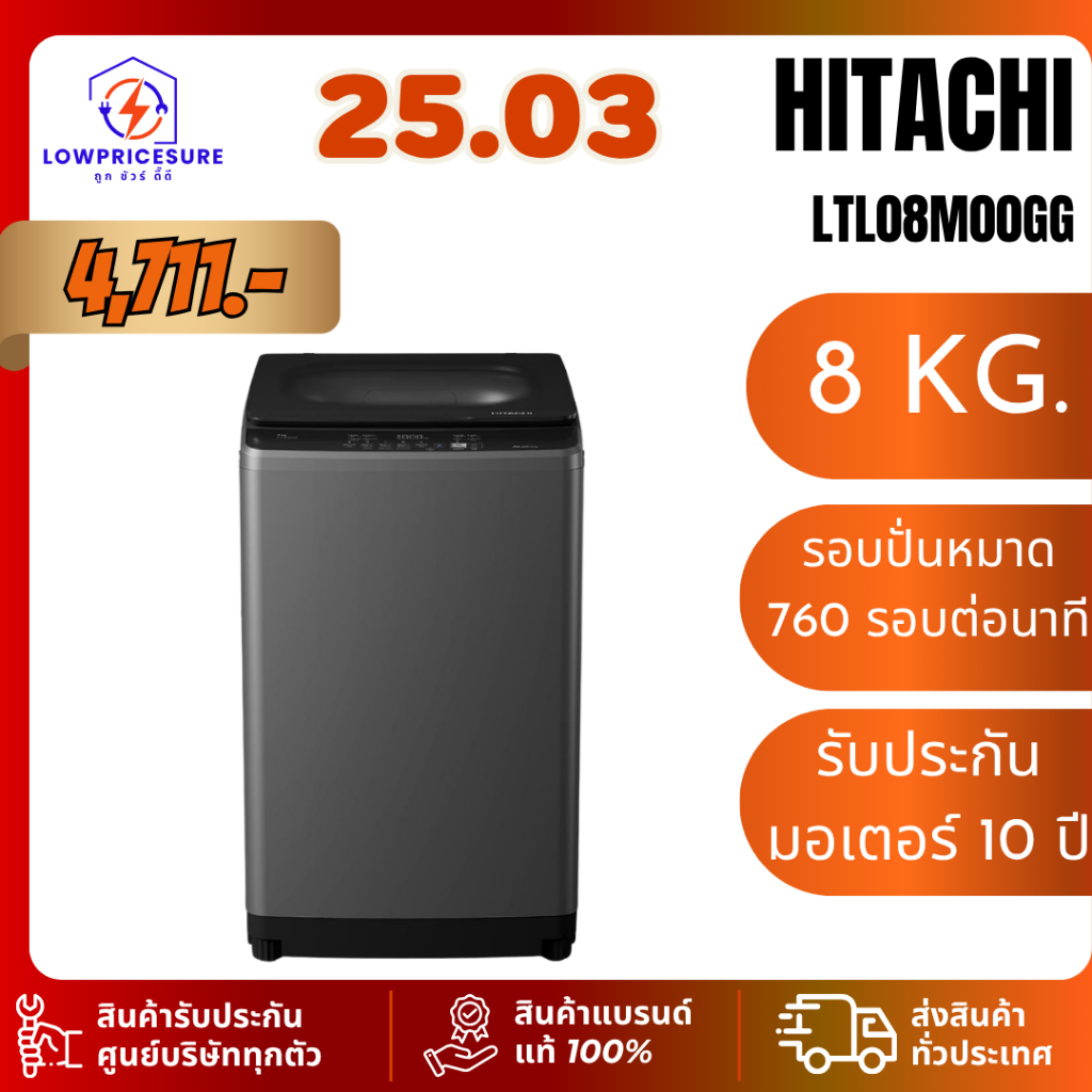 HITACHI รุ่น LTL08M00GG เครื่องซักฝาบน 8 Kg. LTL 08M00 GG อัติโนมัติ