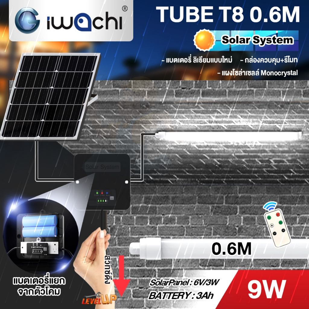 Level**มาแรงตัวสว่าง**IWACHI ชุดหลอด T8 โซล่าเซลล์ 9W system IWC-TUBE-SOLAR-SYSTEM-T8-0.6M-9W-WH ไฟถ