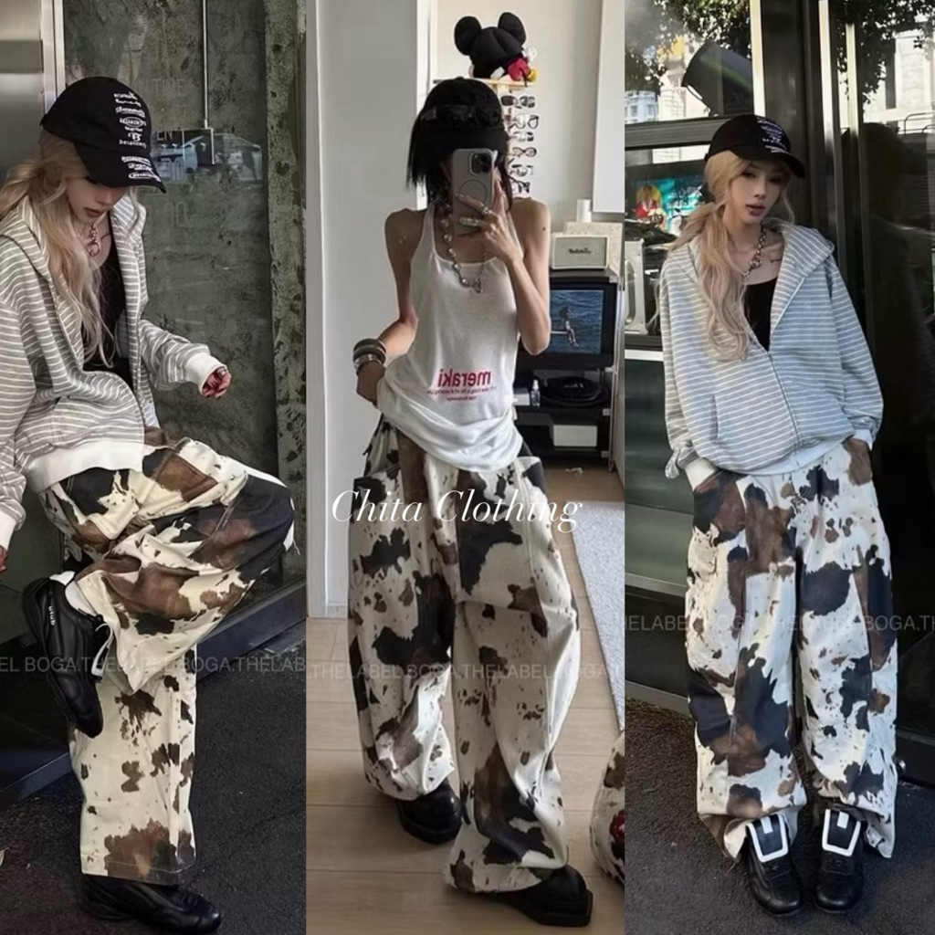 📍พร้อมส่ง📍🇰🇷FSY🇰🇷61966 Western cow printed jean กางเกงทรงหลวมใส่สบาย ให้ลุคเท่ๆ Tag FSY🇰🇷🇰🇷