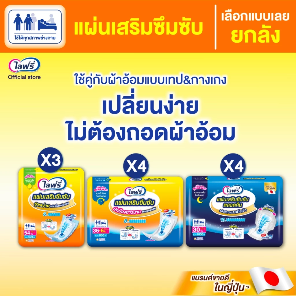 [เลือกแบบเลย] ยกลัง Lifree ไลฟ์รี่แผ่นเสริมซึมซับ แบบมาตรฐาน 54 ชิ้น /แบบตลอดคืน 30 ชิ้น/แบบชั่วโมงที่ยาวนาน 36+6 ชิ้น