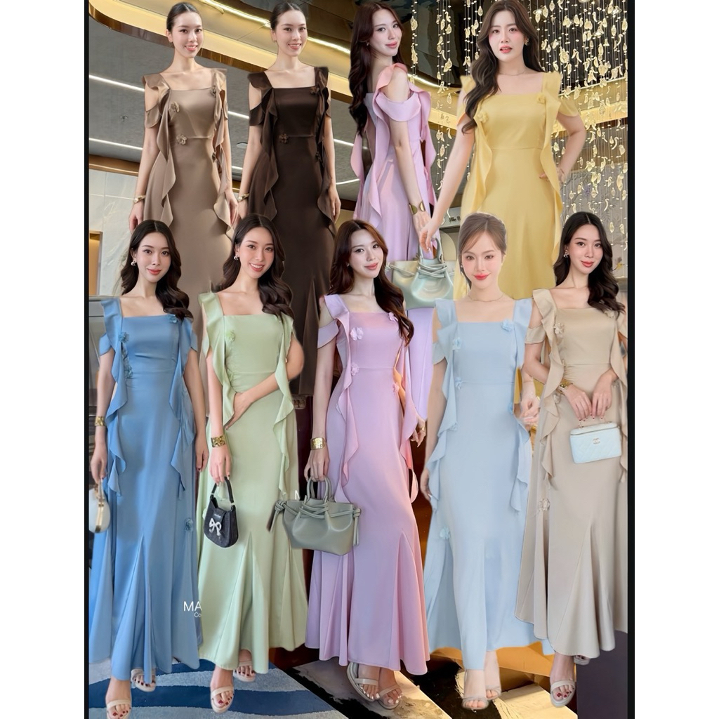 G129 เดรสเพื่อนเจ้าสาว  สีน้ำตาลไหม้มาใหม่  เดรสไปงานแต่ง แต่งดอกไม้ ชายกระโปรงสวยมาก s-2xl