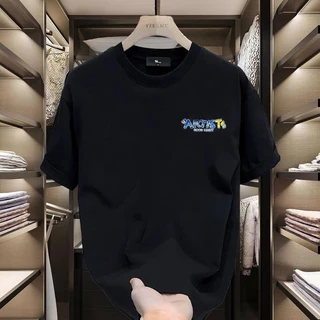 เสื้อยืดสำหรับผู้ชายสไตล์ญี่ปุ่นฤดูร้อน เสื้อสั้นลายแมวดำการ์ตูนและท้องฟ้าสีค่ำคืนหลวมๆสบาย