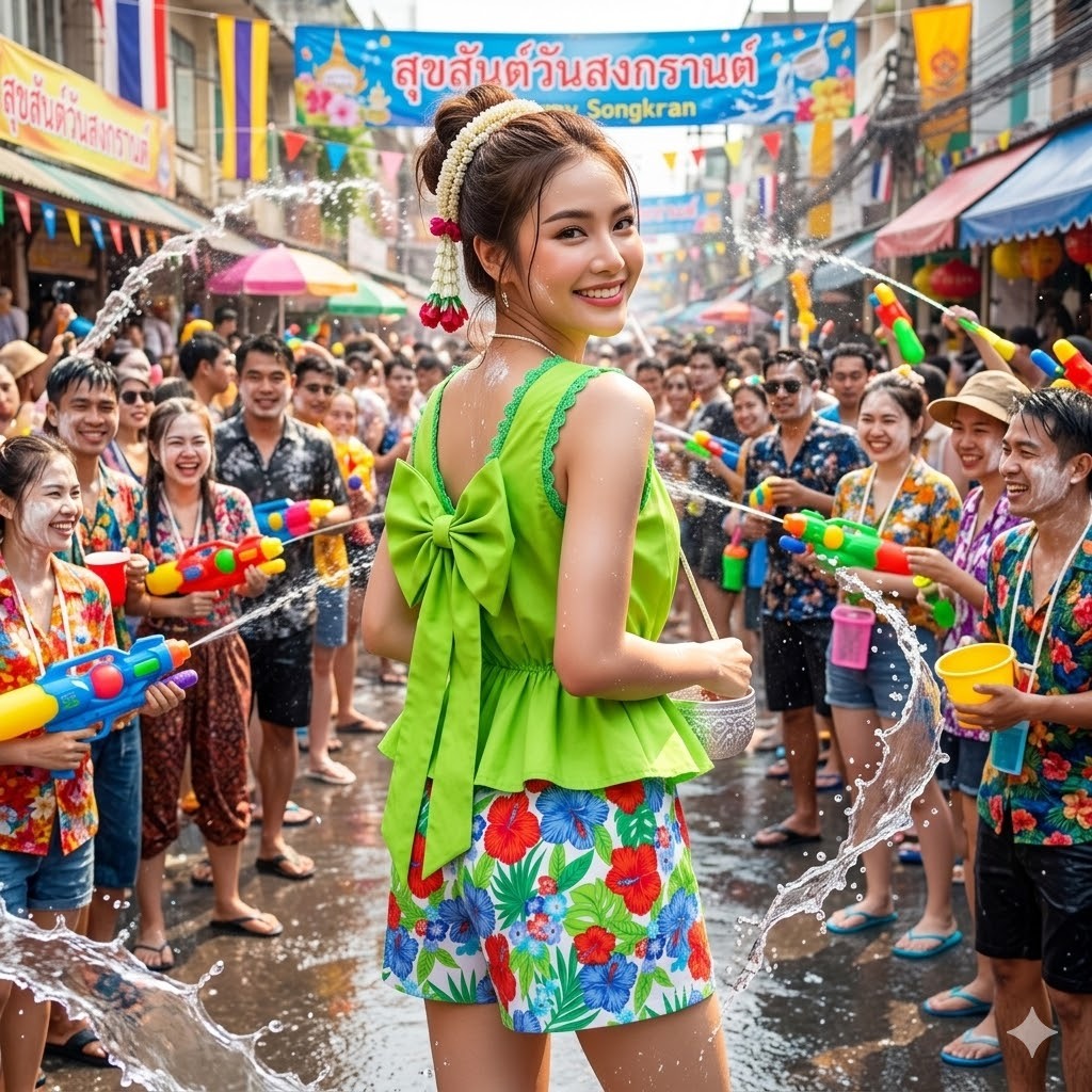 ชุดคอกระเช้าโบว์กางเกงกระโปรง ชุดสงกราน