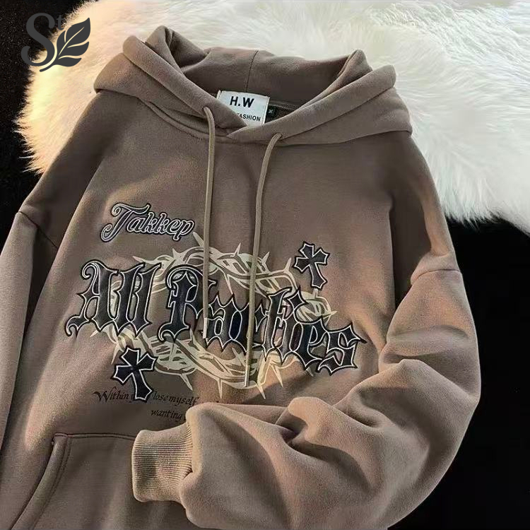 เสื้อกันหนาวมีฮู้ด สไตล์อเมริกัน เสื้อแขนยาว Unisex ผ้าฝ้ายแท้ ทรงหลวม ทรงเอ เลือกขนาดได้