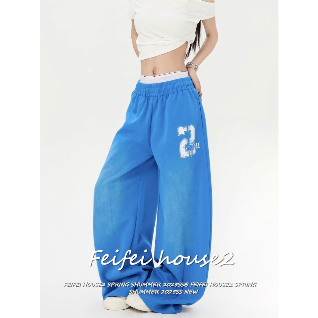 [Alphanumeric Printed Wide-Leg Pants]ผู้หญิงดีไซน์ไล่ระดับสีฤดูร้อนสไตล์ลำลองกางเกงขายาวทรงกว้าง