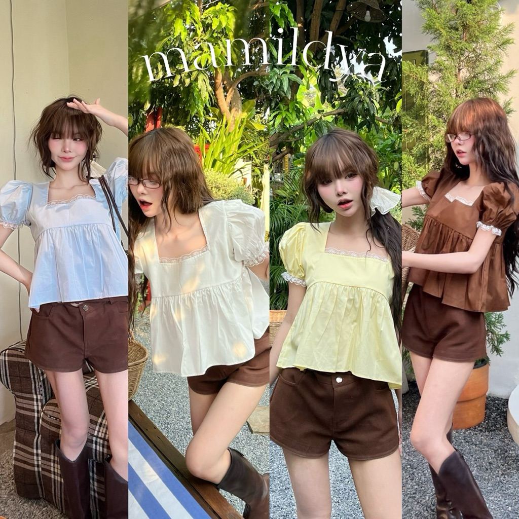 🌟Mamildya.shop🌟  เสื้อคอเหลี่ยม แต่งลูกไม้ ผ้า cotton/K2-3 /NUSA-เหลี่ยม2⚫