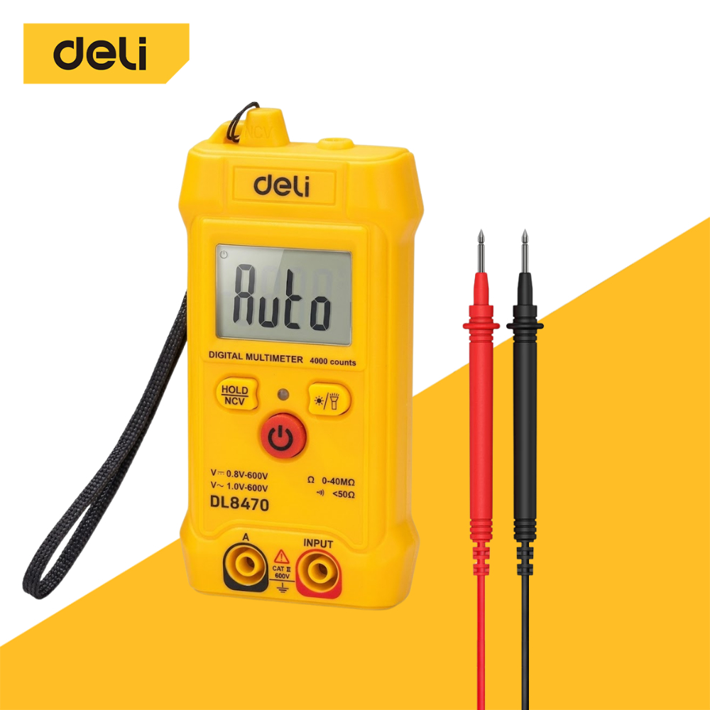 Deli มัลติมิเตอร์ดิจิตอล 600V วัดแรงดันไฟฟ้าอัตโนมัติ ใช้วัดกระแสไฟฟ้า หน้าจอ LCD พร้อมไฟแบ็คไลท์ Multimeter