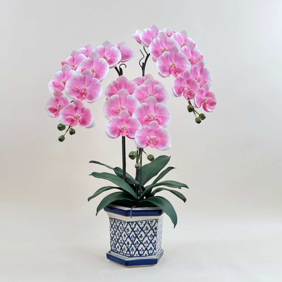 กระถางกล้วยไม้ปลอม  ดอกกล้วยไม้จัดในกระถางลายไทยพร้อมจานรอง