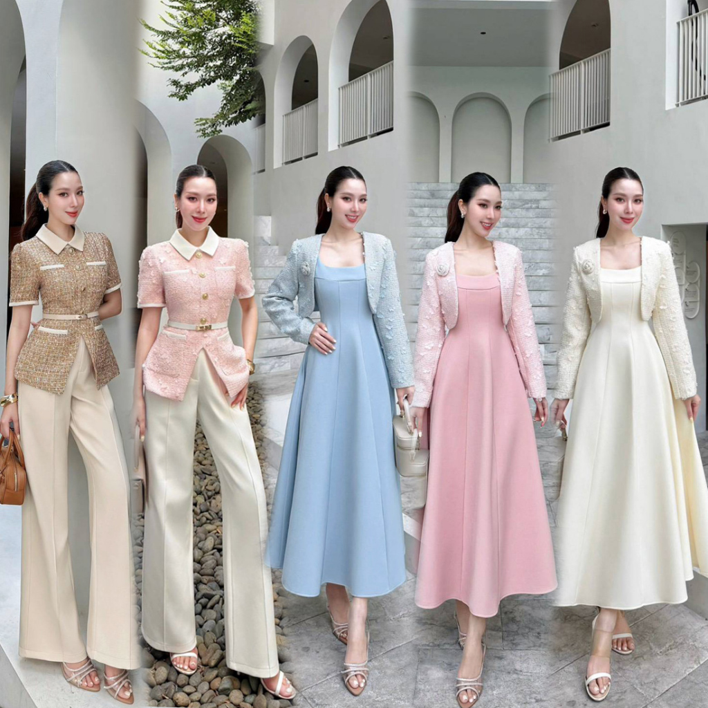 ชุดเซ็ต 2 ชิ้น เสื้อผ้าทวิต+กระโปรง,กางเกง สีครีม/ชมพู/ฟ้า/น้ำตาล/ดำ ใส่ทำงาน ไปงานแต่ง งานบุญ งานบวช  #Lalabelle