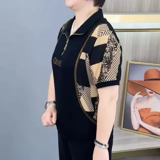 เสื้อตัวเล็กสำหรับคุณแม่ต่อลายใหม่ปี 2026 เสื้อเชิ้ตคอเปิดครึ่งซิปสำหรับวัยกลางคนและผู้สูงอายุ เสื้อแขนสั้นประดับพลอยเที