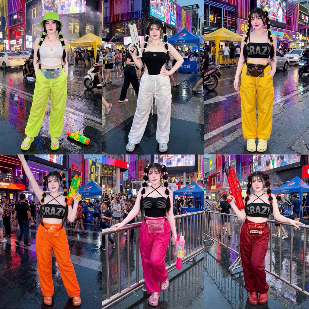 กางเกงขายาวสาวอวบ เอว3-46 คาโก้ เนื้อผ้าร่ม (ผ้าเสื้อกันฝน) สม็อครอบเอว  F15
