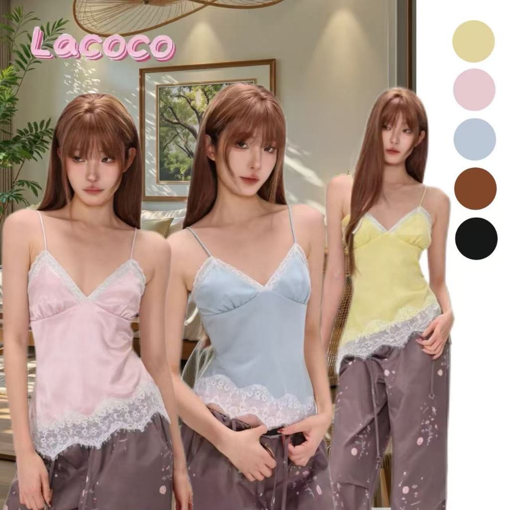 Lacoco🍓คลังสินค้าพร้อม🍓เสื้อสายเดี่ยวผ้าซาตินปะติดปะต่อลูกไม้แบบเปิดหลัง ดีไซน์ไม่สมมาตร เหมาะสำหรับเดินทางและพักผ