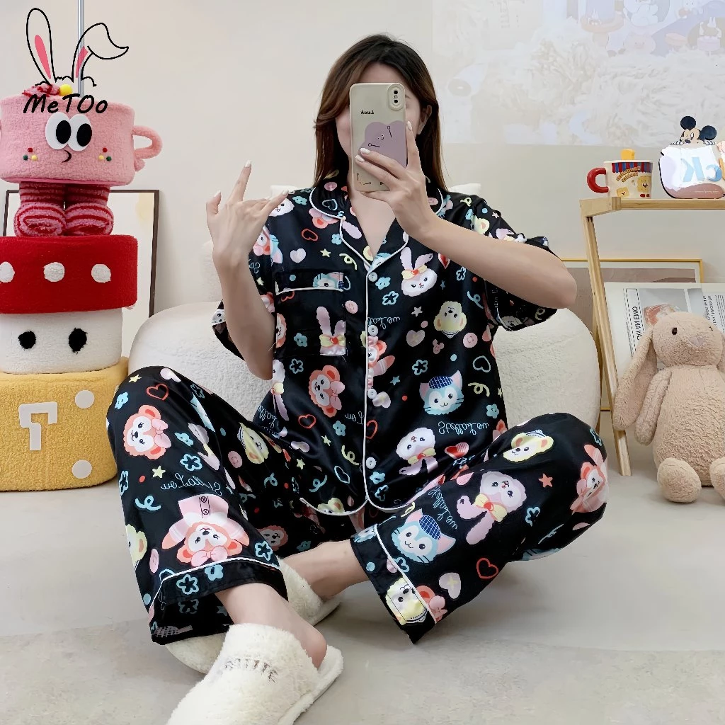 MeToo ชุดนอนแขนสั้นผ้าไหมอิตาลี ชุดนอนผ้าซาติน สะดวกสบายและระบายอากาศ พลัสหลวม Sleepwear สุภาพสตรีเสื้อผ้าพรีเมี่ยม ชุดน