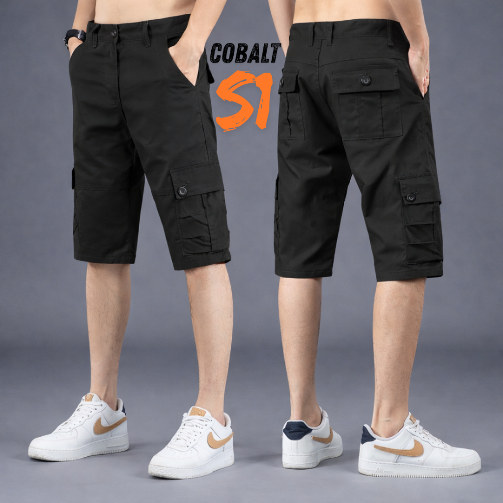 COBALT S1 กางเกงคาร์โก้ ขาสั้น 6 กระเป๋า สีดำ ผ้าคอตตอน ผ้าหนา เอว 28-40 นิ้ว