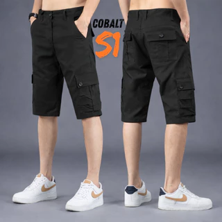 COBALT S1 กางเกงคาร์โก้ ขาสั้น 6 กระเป๋า สีดำ ผ้าคอตตอน ผ้าหนา เอว 28-40 นิ้ว