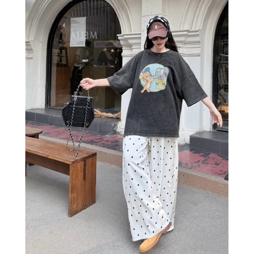 PLOYNAPAS - กางเกงขายาวผ้าซาตินพิมพ์ลาย polka dot ลายจุด #7092