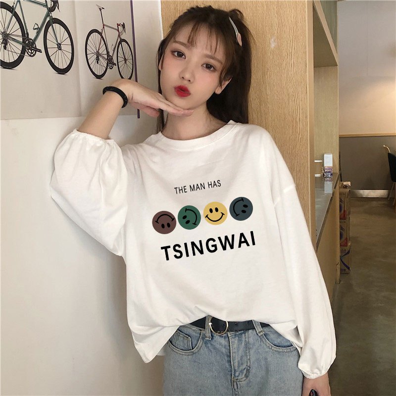 เสื้อแขนยาวสีขาวผู้หญิงแฟชั่น oversize เสื้อผ้าสาวอวบไซส์ใหญ่ เสื้อยืดโอเวอร์ไซส์วัยรุ่น น่ารักสไตล์เกาหลี ใส่สบาย xxl