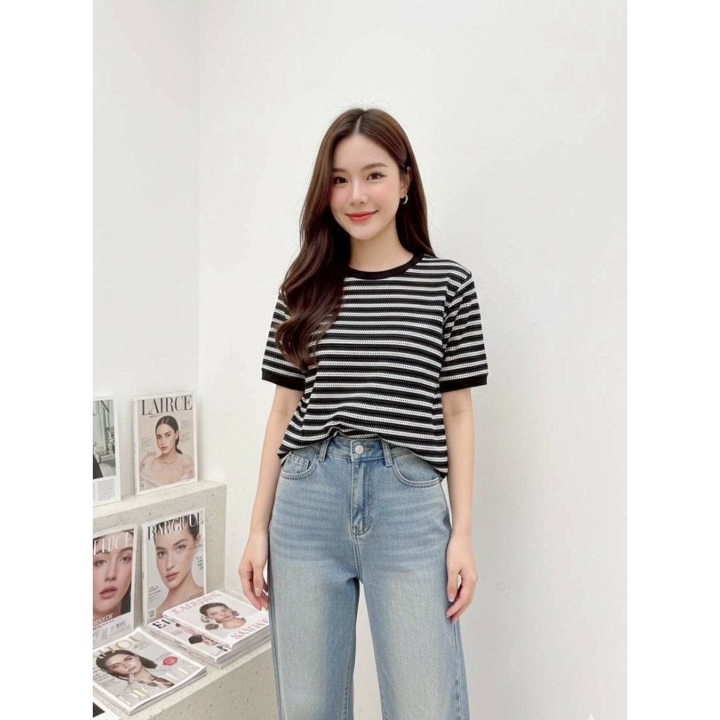 เสื้อยืดแขนสั้นลายริ้ว ดีเทลผ้านิ่ม ใส่สบาย ทรงสวยเป๊ะ🌈🌟