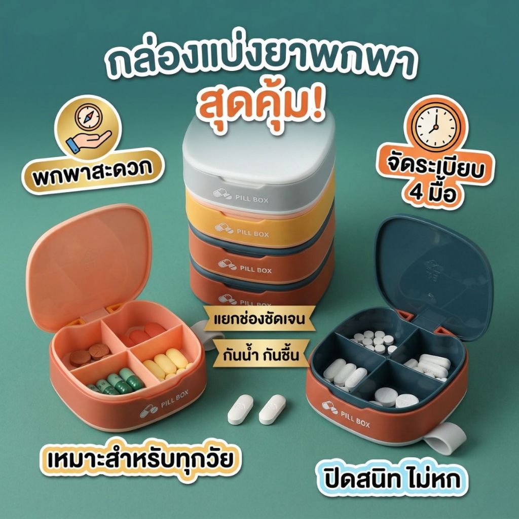 ส่งด่วน กล่องยาพกพา กล่องเก็บยา แบบพกพา ใส่วิตามิน อุปกรณ์เก็บของ4ช่อง