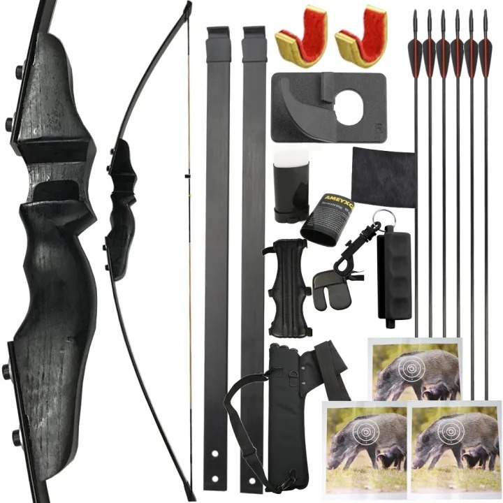 Black Recurve Bow 30/40LBS, 61" Limb Length Fiberglass Archery Set with 6 Arrows, Bow Rest & Protect