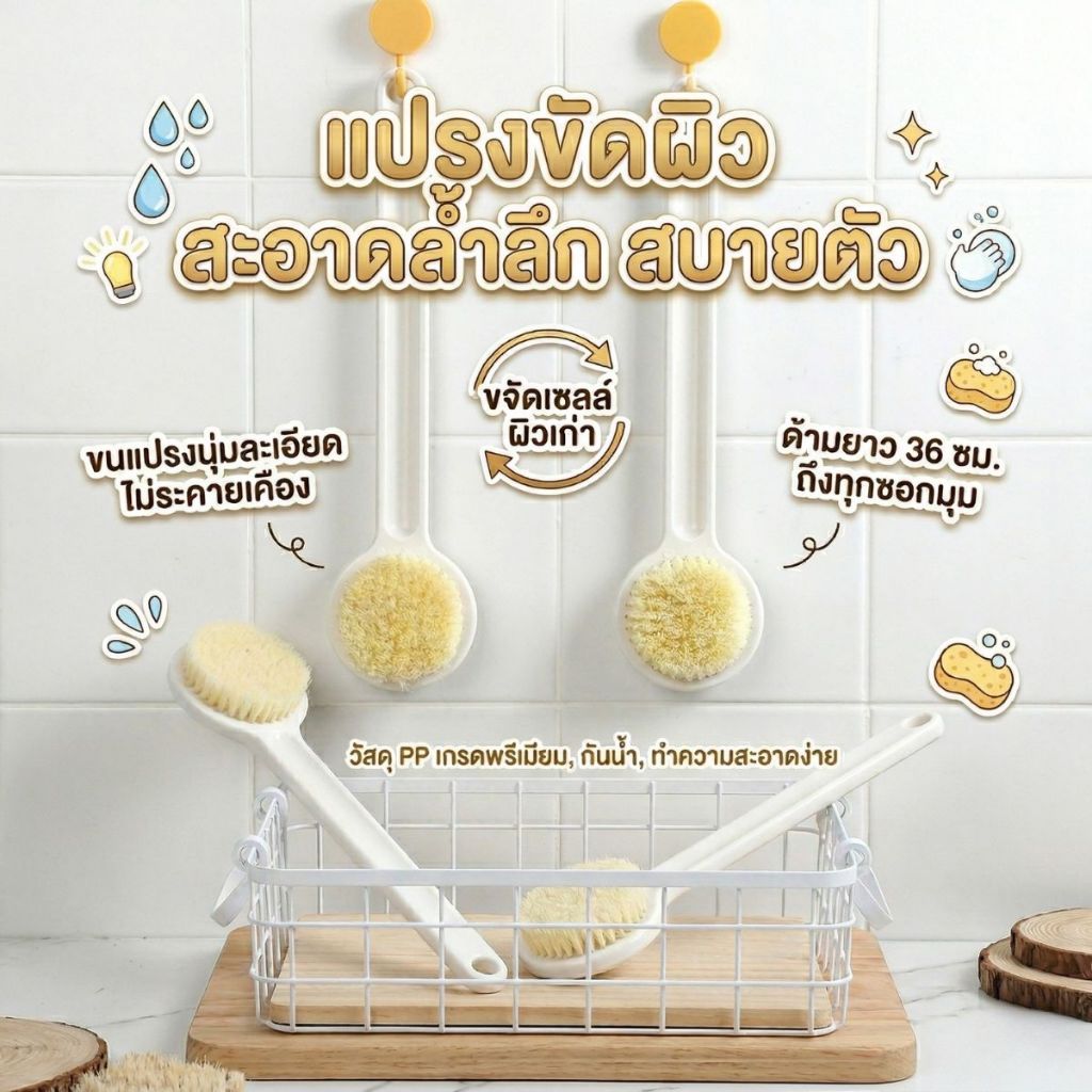 ส่งด่วน แปรงขัดหลัง ถูตัว ทำความสะอาดผิว ขนนุ่ม สะดวกต่อการใช้งาน (สีขาว)