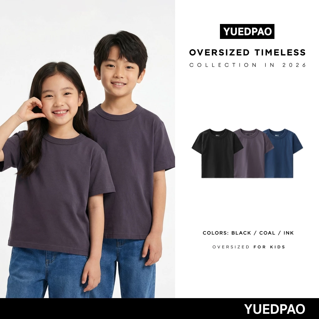 Yuedpao Kids Oversized Timeless 2026 เสื้อยืดเด็กโอเวอร์ไซส์ ผ้าหนายับยากรีดง่าย เสื้อเด็กสีพื้น ทรงหลวม Set Dark Tone