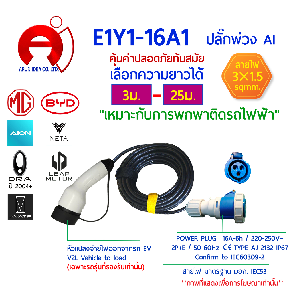 ปลั๊กพ่วง ปลั๊กไฟ รถไฟฟ้า Power Plug V2L MG BYD AION NETA ORA LEAP MOTOR AVATR สาย3x1.5 มอก 3ม. - 25