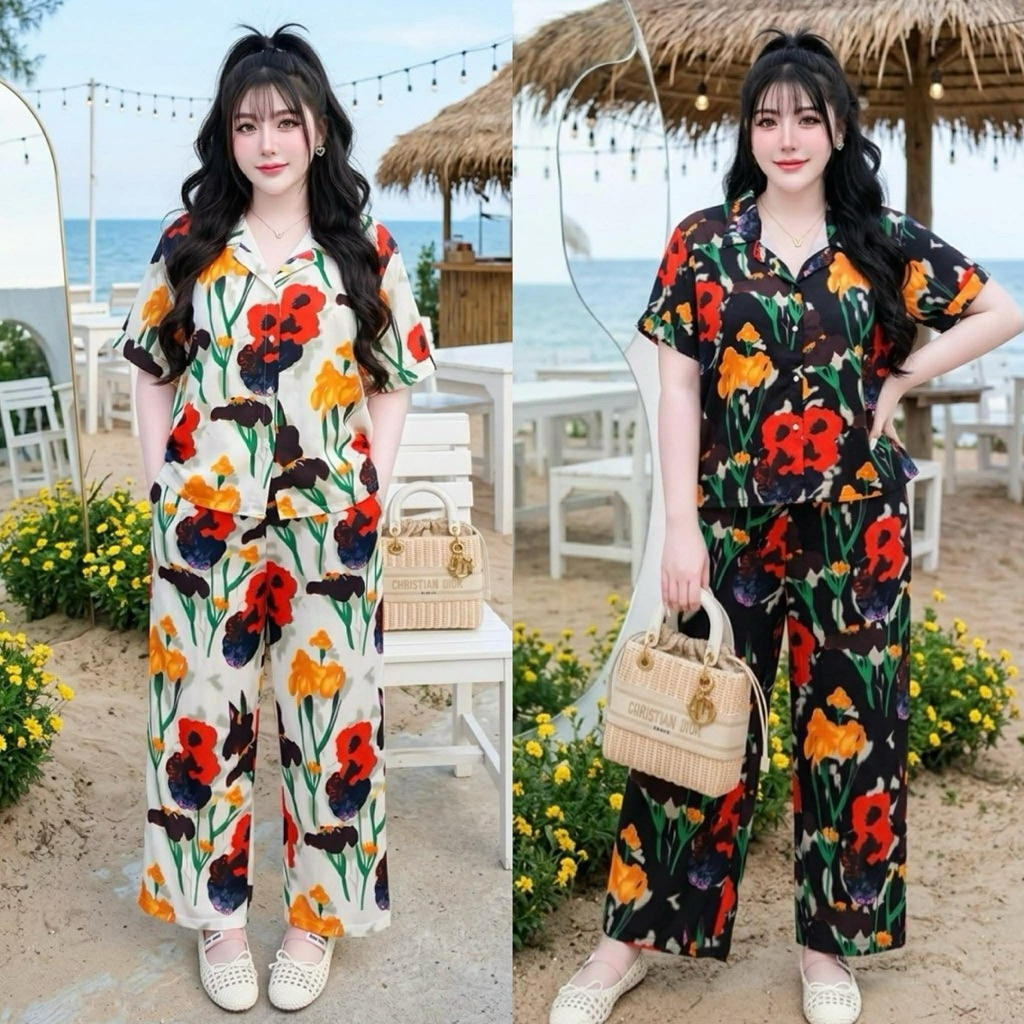 ชุดเซ็ทขายาวผ้าครัช เสื้อ+กางเกง ไซส์ใหญ่ อกหน้าผ้า 52 สำหรับสาวอวบอ้วน ใส่สบาย